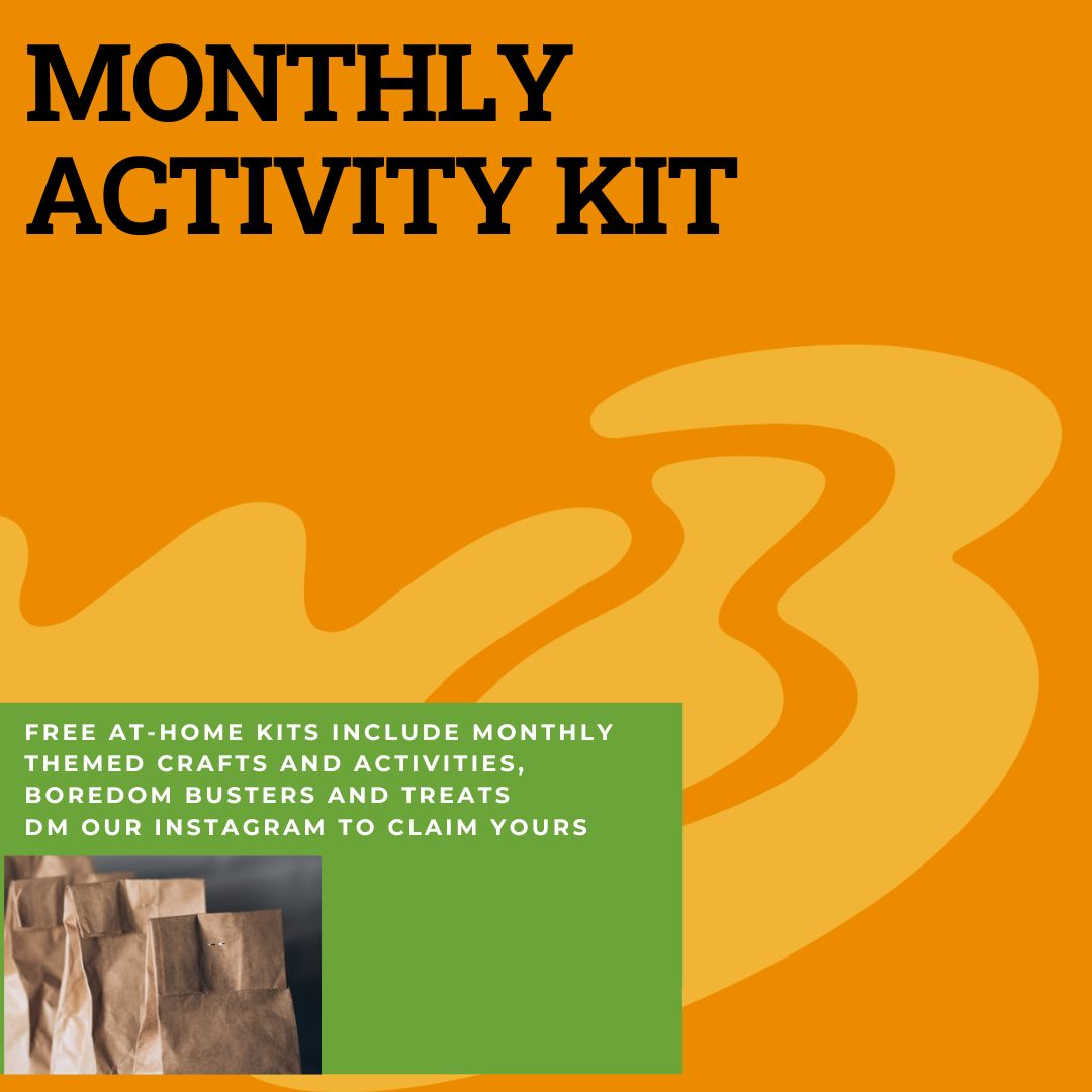 Monthly Activity Kit Poster. Free at home kits include monthly themed crafts and activities, boredom busters, and treats. DM our Instagram to claim yours. Town of Wasaga Beach footer with contact phone number 705-429-3321.